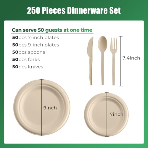 250 Piece Biodegradable Paper Plates Set Disposable Dinnerware Set