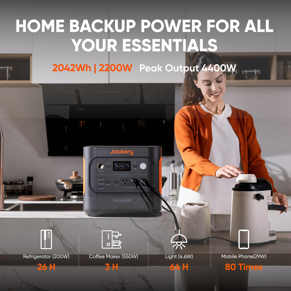 Jackery Explorer 2000 v2 Portable Power Station, 2042Wh LiFePO4 Home Backup Battery, 2200W AC Output