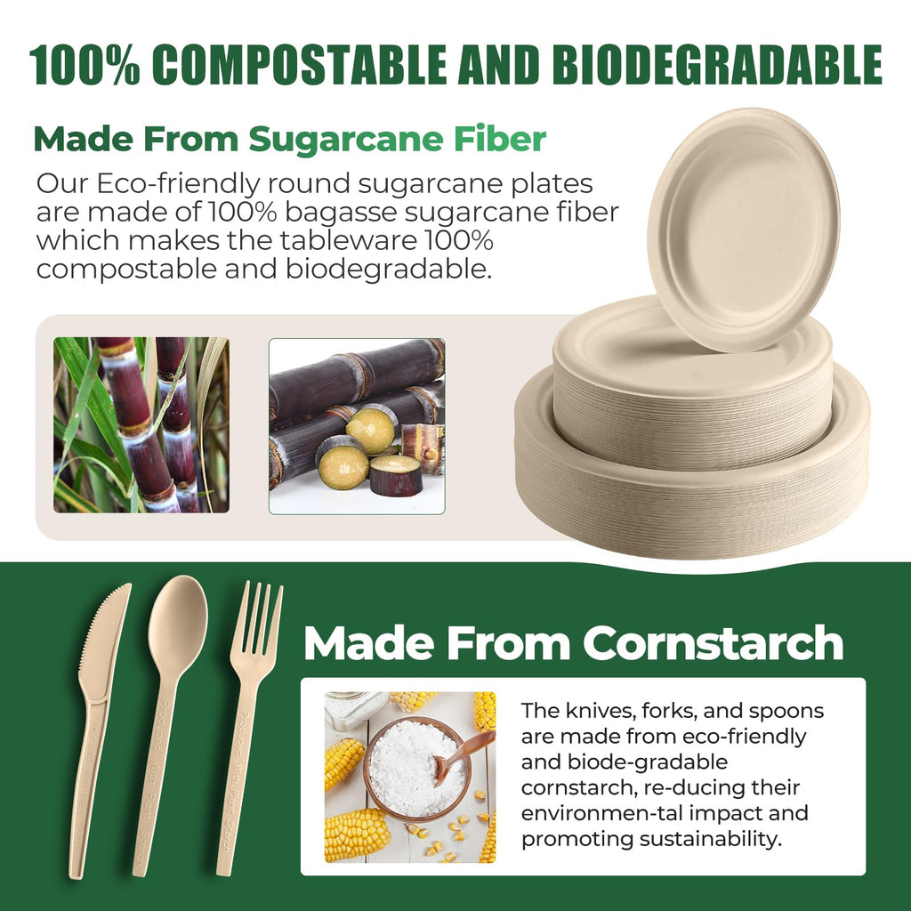 250 Piece Biodegradable Paper Plates Set Disposable Dinnerware Set