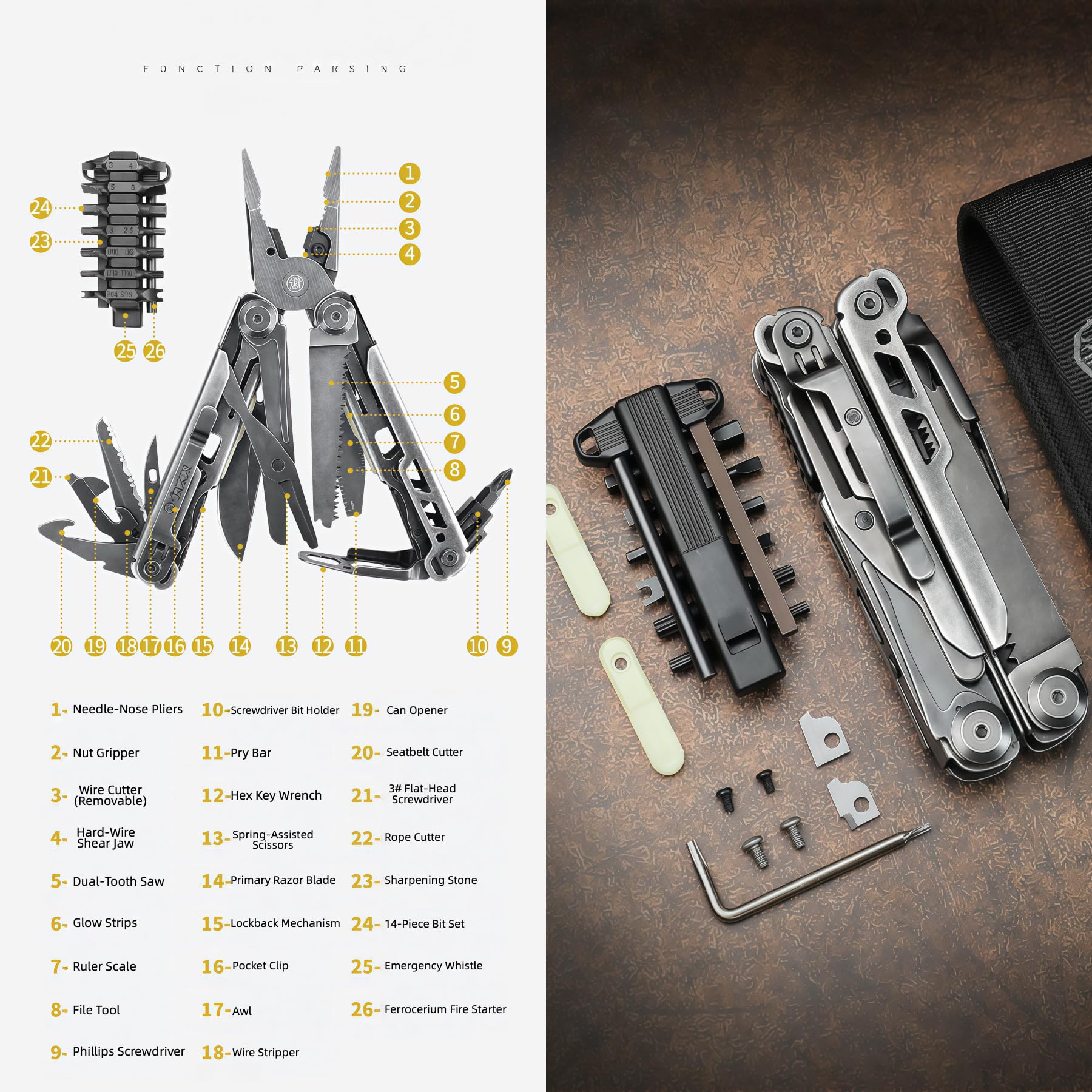 26-in-1 Lightweight Multi-Tool Pliers with Safety Lock – Black