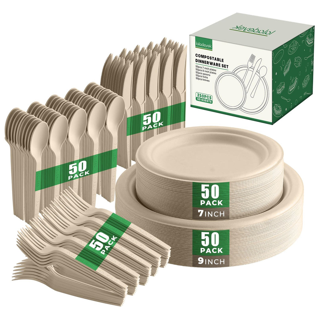 250 Piece Biodegradable Paper Plates Set Disposable Dinnerware Set