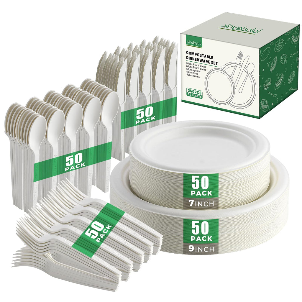 250 Piece Biodegradable Paper Plates Set Disposable Dinnerware Set